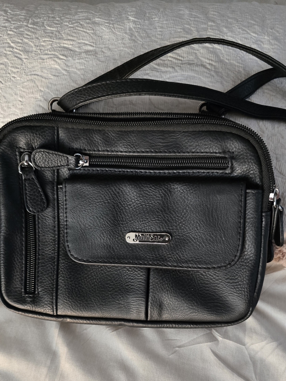 MULTI SAC Black Faux Leather Crossbody Bag Front/Back Pockets Organized - NWOT